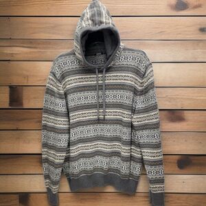 Izod Fair Isle Style Hooded Sweater Mens XXL Gray Tan Stripe Long Sleeves Casual